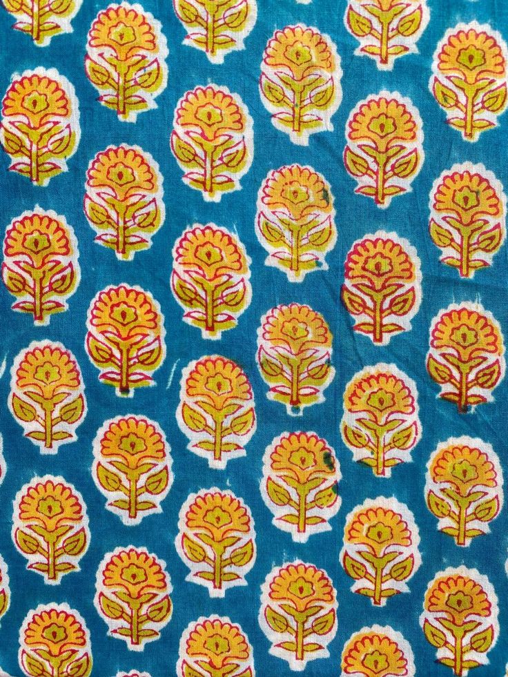 hand block print cotton fabric by the yard , blue & yellow floral print ,indian dress making, sewing textile etsy